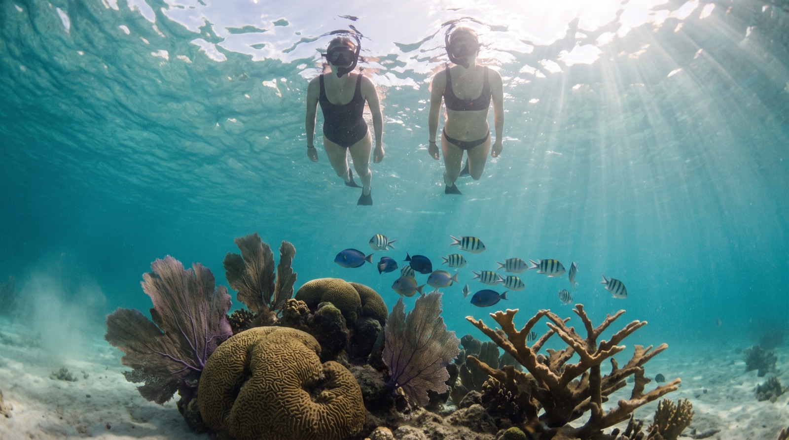 Snorkelers floating over coral and fish in clear shallow water off Key West